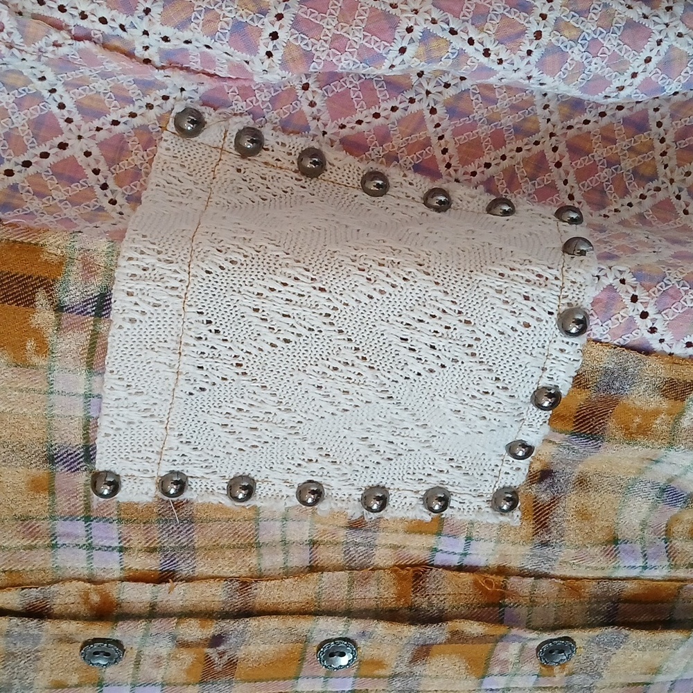 Pol Flannel Crochet Patchwork Button Up Oversized… - image 3